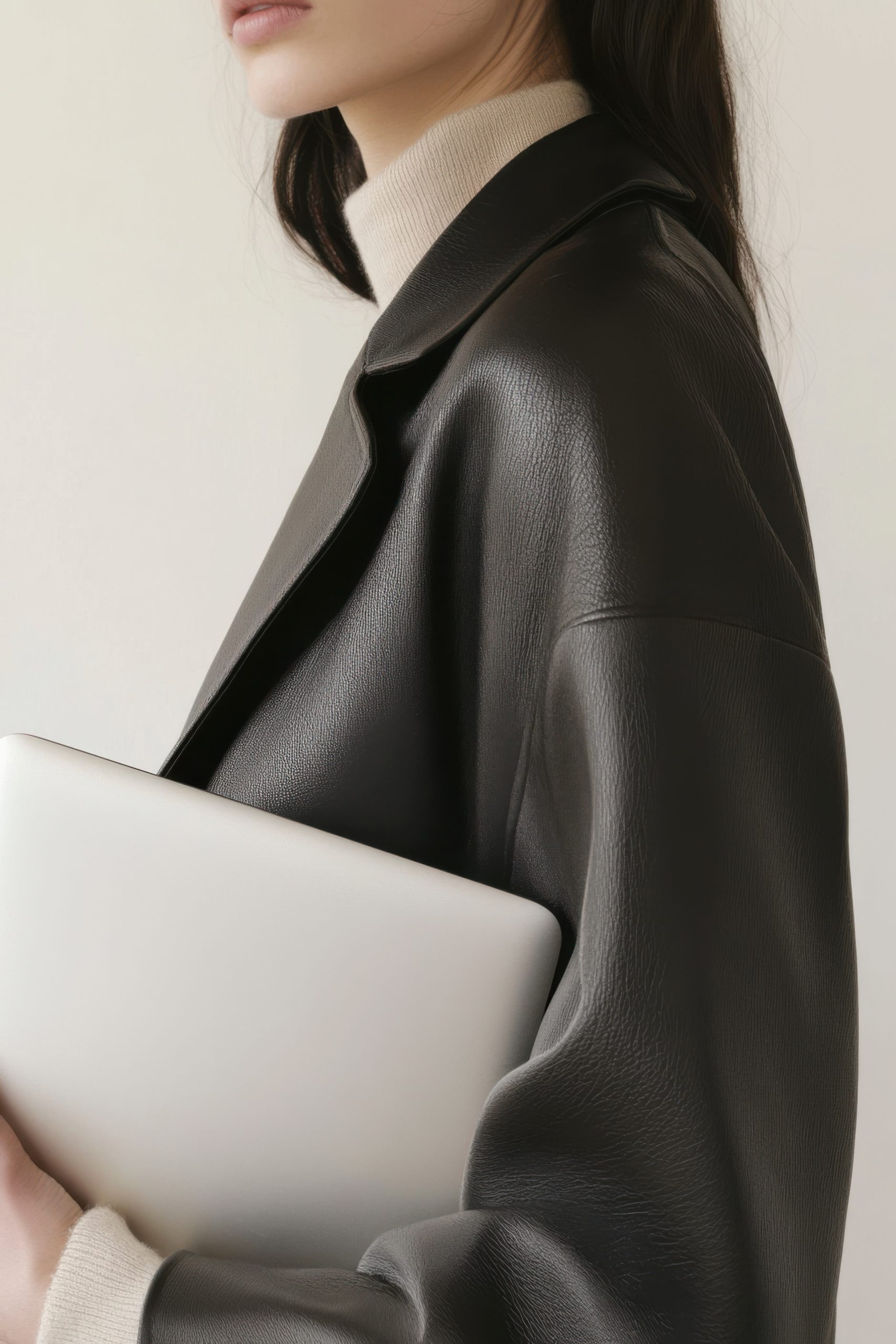 An elegant portrait of a woman holding a laptop, dressed in a stylish black coat, showcasing a blend of technology and modern fashion. trending content for instagram faceless digital marketing