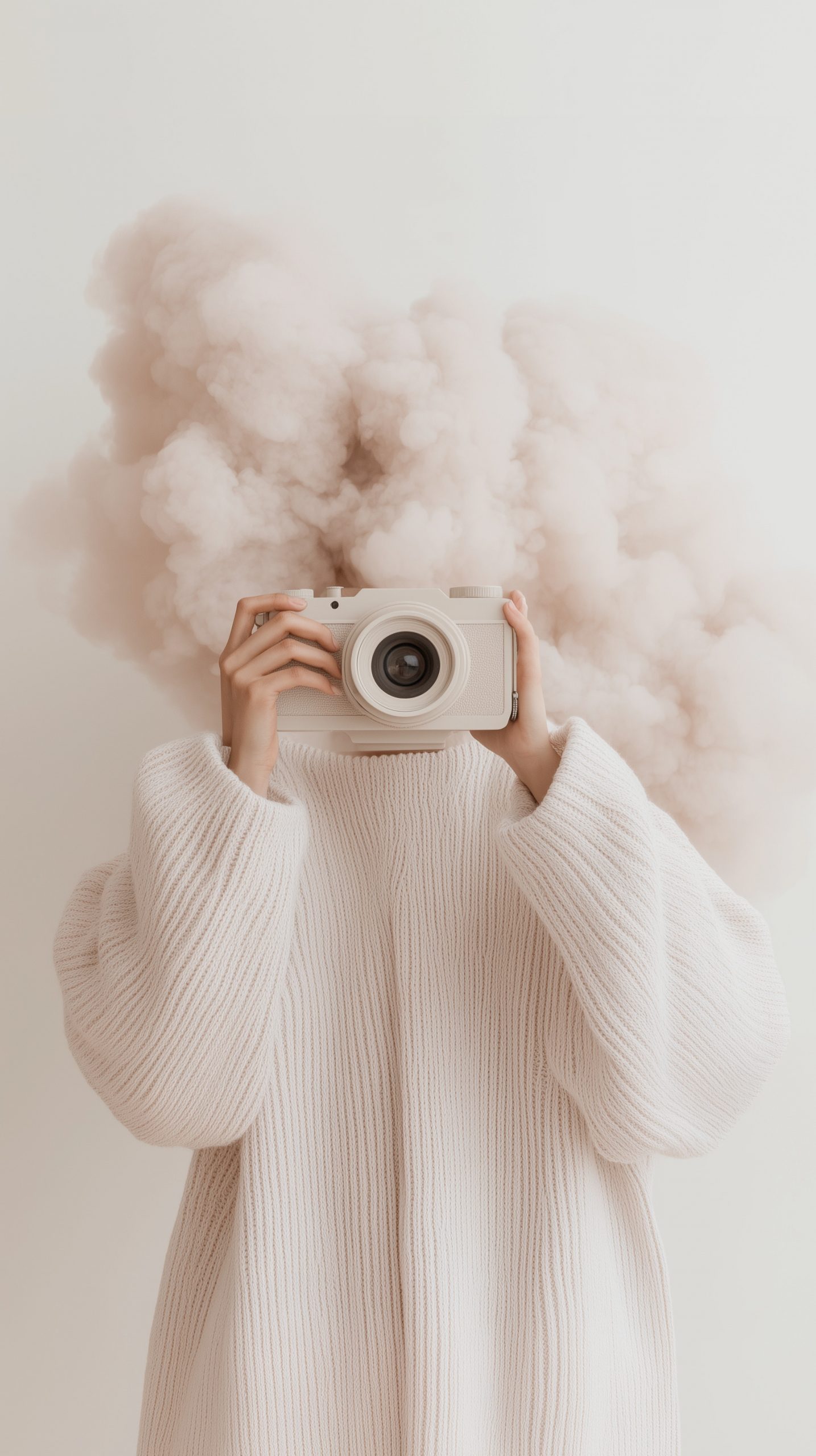 Person in cream sweater with white camera and smoke cloud head against beige background