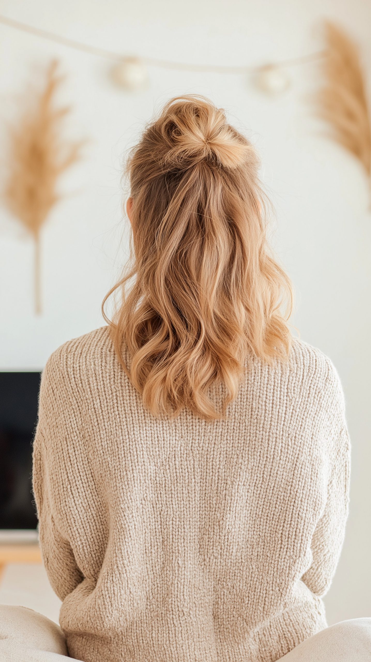 Elegant woman in beige sweater against minimalist decor with dried pampas grass with copy space
