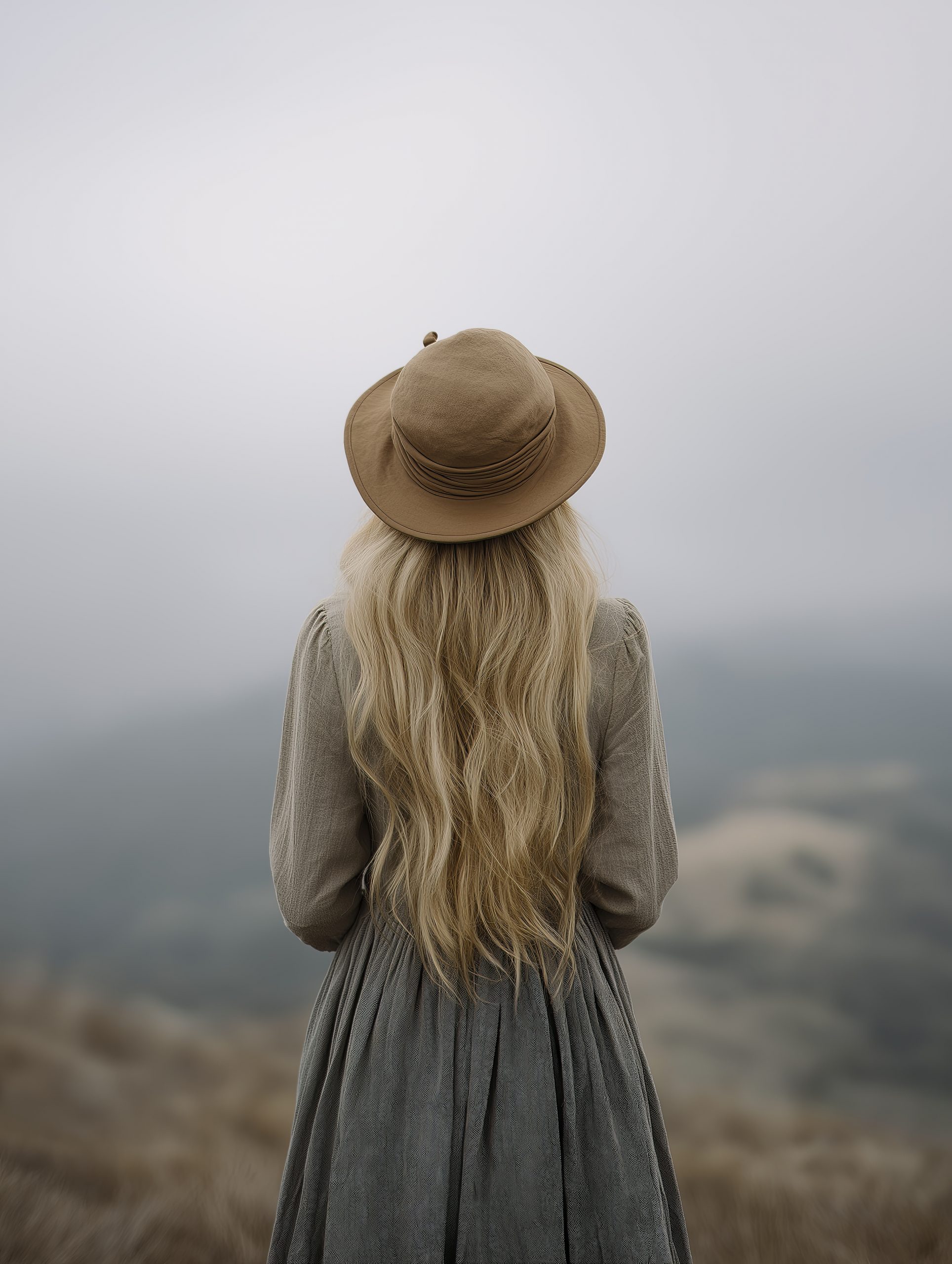 Elegant woman with long blonde hair gazes thoughtfully at misty landscape, her back turned, creating sense of mystery and tranquility