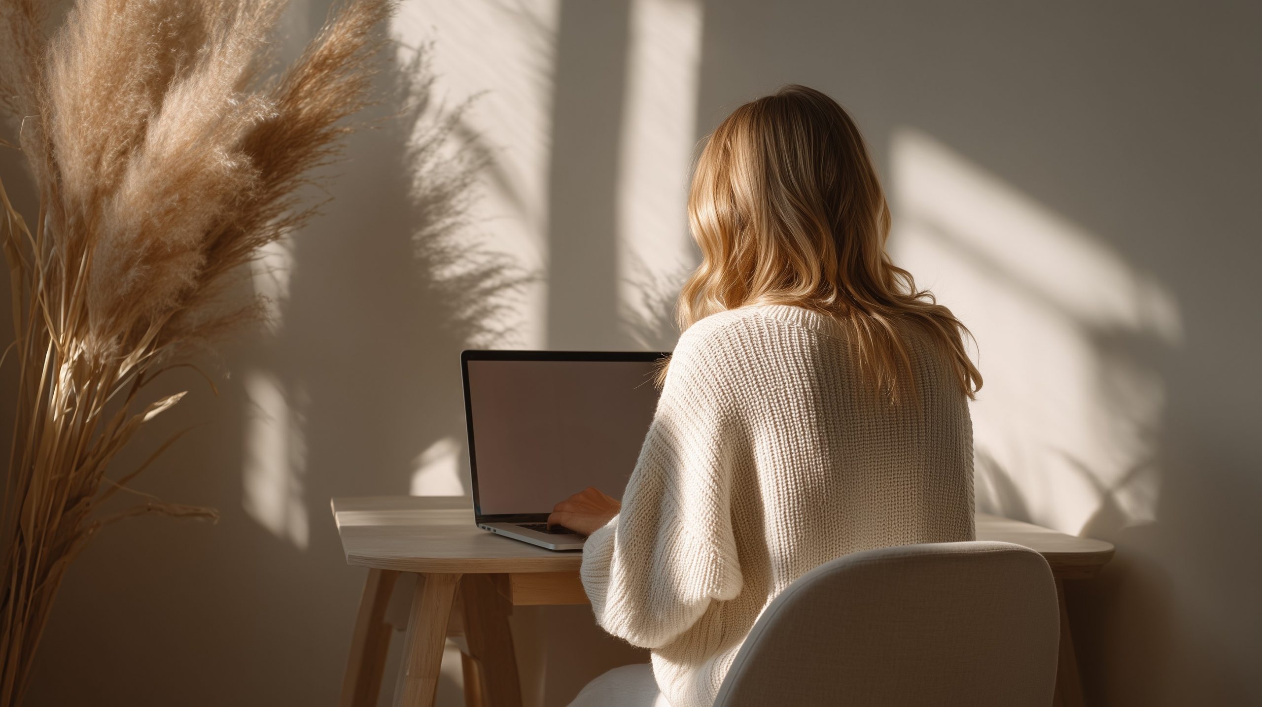 Woman working on laptop in bright minimalist home office